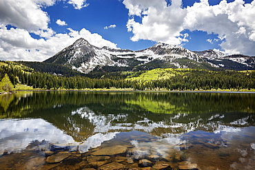 Snowcapped East Beckwith Mountain In The Background Reflected In Lost Lake Slough, Colorado, United States Of America