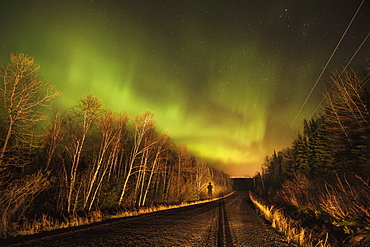 Aurora Borealis Over Road, Thunder Bay, Ontario, Canada