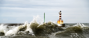 Lighthouse And Splashing Waves, Amble, Northumberland, England