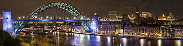 Illuminated Tyne Bridge Over The River Tyne At Nighttime, Newcastle, Tyne And Wear, England