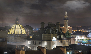 Fog Sets In Over Buildings At Nighttime, Newcastle, Northumberland, England