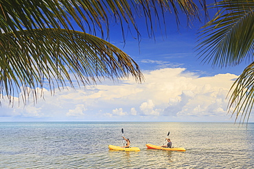 A Couple Using Kayaks At Saint Georges Caye Resort, Belize City, Belize