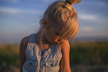 Portrait Of A Young Girl On A Beach At Sunset, Surrey, British Columbia, Canada