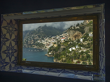 View Out A Tile Trimmed Window Of The Coastline, Amalfi, Italy