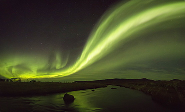 Northern Lights Over A River And Farm In Northeast Iceland, Iceland