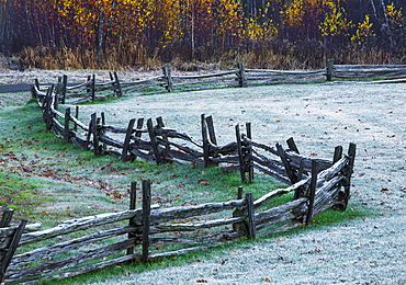 Wooden Rail Fence In A Frost Covered Grass Field With Trees In Autumn Colours, Iron Hill, Quebec, Canada