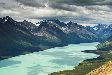 View Of Upper Twin Lake From A Mountain Ridge Within Lake Clark National Park & Preserve, Alaska.