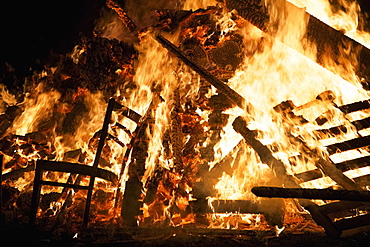 Wooden Chair And Pallets Burning In Bonfire, Guy Fawkes Night, London, England