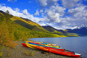 Kayaks On The Shore Of Eklutna Lake In Autumn, Chugach State Park, South-Central Alaska