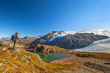 A Man Hiking Near An Unnamed Lake Near The Harding Icefield Trail In Kenai Fjords National Park On A Summer Day, South-Central Alaska, Alaska, United States Of America