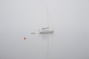 Sailboat Moored In The Fog, Magog, Quebec, Canada