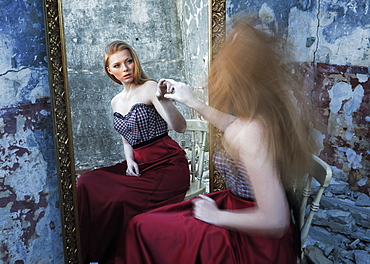 Woman And Reflection In Mirror, Tarifa, Cadiz, Costa De La Luz, Andalusia, Spain