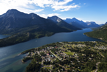 View Of The Buildings In The National Park And The Lake Spanning The Rocky Mountains, Waterton Lakes National Park, Alberta, Canada