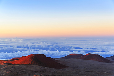 Cinder Cones And Caldera From Ancient Lava Eruptions Atop 4200 Meter Mauna Kea, Tallest Mountain In Hawaii, At Sunset, Island Of Hawaii, Hawaii, United States Of America