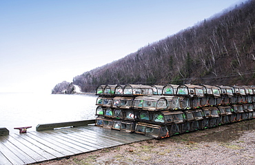 Lobster Traps Stacked In Parking Lot/Dock Along The Cabot Trail, Nova Scotia, Canada