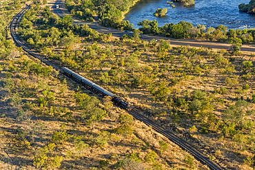 Aerial View Of Steam Train Beside Zambezi, Botswana