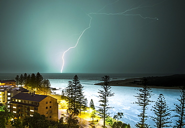 A Lightning Strike Hits The Surface Of The Water In The Distance, Brisbane, Queensland, Australia