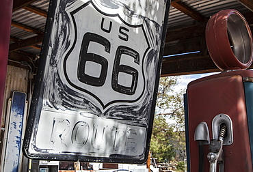 Route 66 Sign And Old Gas Pump, Seligman, Arizona, United States Of America