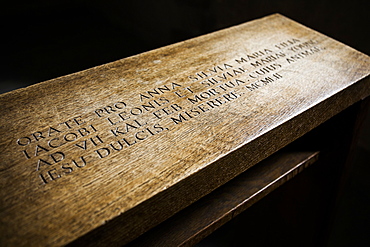 Prayer kneeler (prie-dieu) with latin inscription, York, England