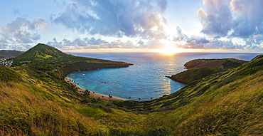 View of Hanauma Bay Nature Preserve at sunrise from the top of the ridge, East Honolulu, Honolulu, Oahu, Hawaii, United States of America