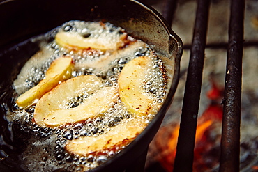 Apple Slices Being Cooked In A Frying Pan On A Grill Over An Open Flame, Ontario, Canada