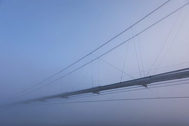 The Trans-Alaska Pipeline Appears Through Fog Where It Crosses The Tanana River On A Subzero Morning, Alaska, United States Of America