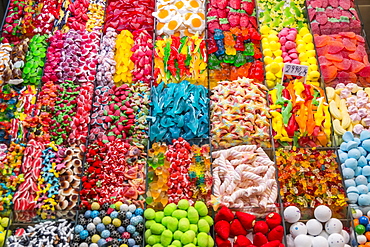 Variety Of Candy At Boqueria Market, One Of The Most Famous Markets Around Spain And The Most Famous In Barcelona, Barcelona, Catalonia, Spain