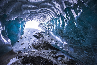 Hoarfrost Covers The Ceiling Of A Canwell Glacier Ice Cave In Winter, Alaska, United States Of America