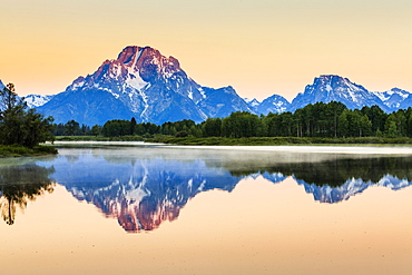 Mount Moran From Oxbow Bend At Dawn, Grand Teton National Park, Wyoming, United States Of America