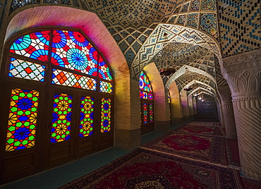 Interior With Stained Glass Windows Of The Nasir Ol Molk Mosque, Shiraz, Fars Province, Iran