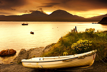 Boat On The Shore At Sunset, Island Of Islay, Scotland