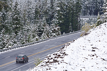 Oregon, United States Of America; Highway 26 And Fresh Snow On Mount Hood In Mount Hood National Forest