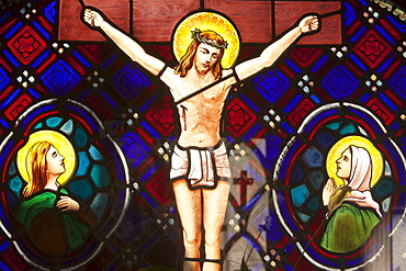 Buenos Aires, Argentina; A Stained Glass Window Depicting Jesus's Death In Recoleta Cemetery