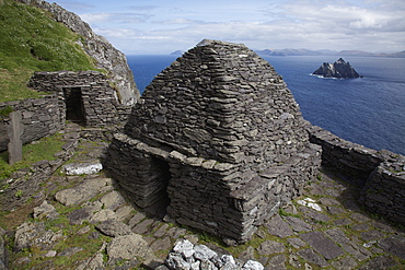 View Of Skellig Beag Behind 'beehive' Monk Huts (Clochans); Skellig Michael, County Kerry, Ireland