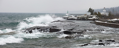 Grand Marais, Minnesota, United States Of America; Large Waves By The Shore In Lake Superior In Winter