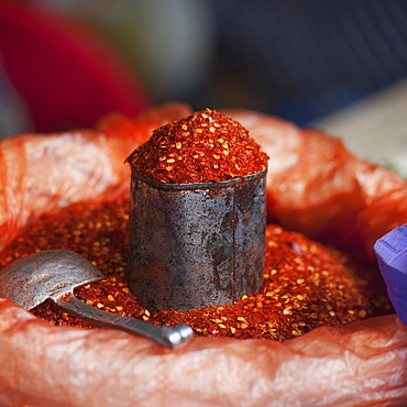 Chili Powder In A Container With A Scoop At A Market, Thimphu Thimphu District Bhutan