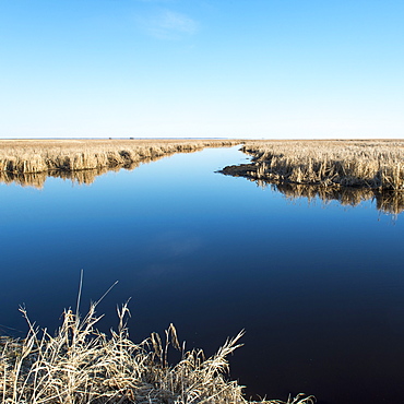 A Tranquil River Through A Flat Landscape In Hecla-Grindstone Provincial Park, Manitoba, Canada