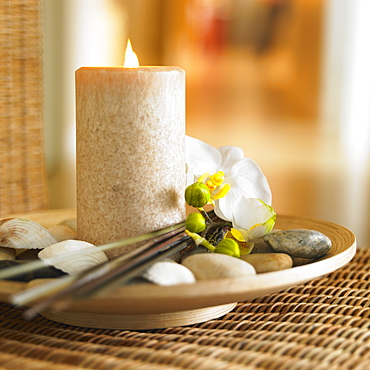 Taupe Pillar Candle On Bamboo Plate With Shells And White Orchid, Victoria British Columbia, Canada