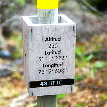 Sign Of Geographic Coordinates, Torres Del Paine National Park, Torres Del Paine, Magallanes And Antartica Chilena Region, Chile