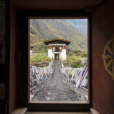 Suspension Bridge Made From Wood And Chain Across Paro River, Near Tachog Lhakhang Dzong, Paro, Bhutan