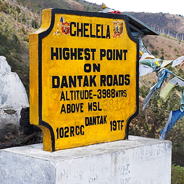 Sign On The Chele La Trail Marking Altitude; Bhutan