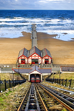 Tram Tracks Leading To Beach, Saltburn, North Yorkshire, England