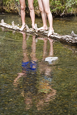 Two Girls Standing On Log In Stream