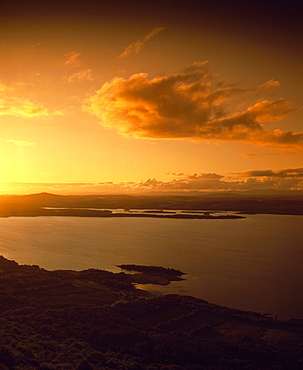 High Angle View Of Landscape And Lake At Sunset, Ireland