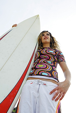Young Woman With Her Surfboard, Tarifa, Cadiz, Andalusia, Spain