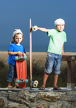 Two Young Boys With Skateboards, Tarifa, Cadiz, Andalusia, Spain