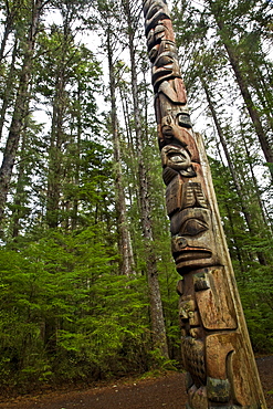 A Totem Pole Along The Totem Trail, Surrounded By Forest, Sitka National Historical Park, Sitka, Alaska, United States Of America