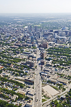 Aerial View Of Winnipeg Looking Down Portage Avenue Towards Downtown, Winnipeg, Manitoba, Canada