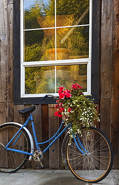 Decorative Flowers And Bikes Adorn The True Grain Bakery On Vancouver Island, British Columbia, Canada