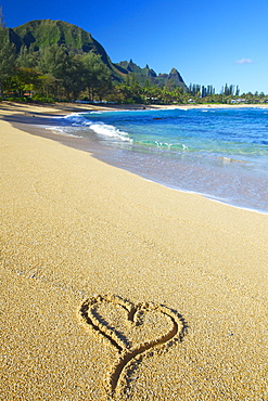 A Heart Shape Drawn In The Sand On Tunnels Beach, Kauai, Hawaii, United States Of America